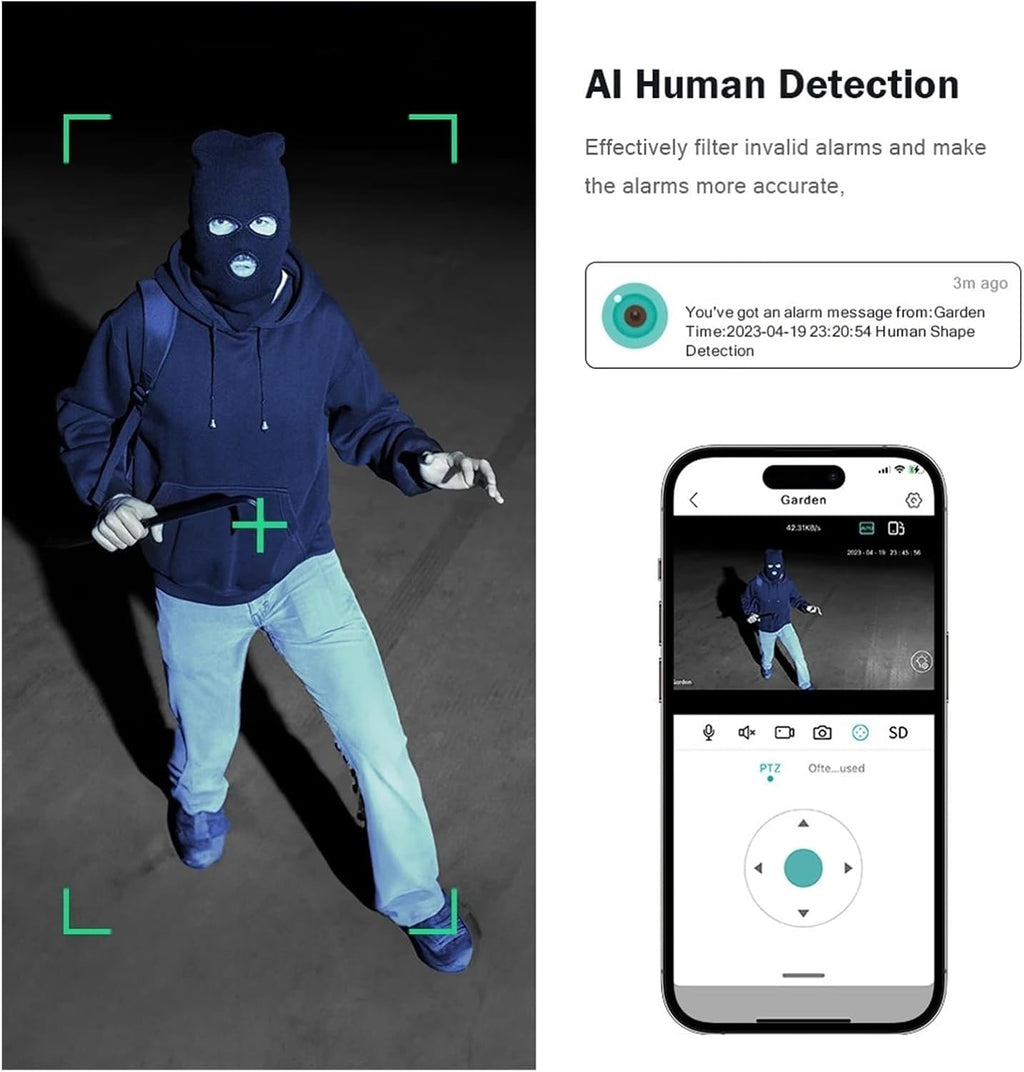 Caméra de sécurité extérieure Caméra de Surveillance 4MP, Zom numérique 4x, détection humaine PIR, Audio, , accès à distance, détection AI extérieure étanche pour la sécurité intérieure de