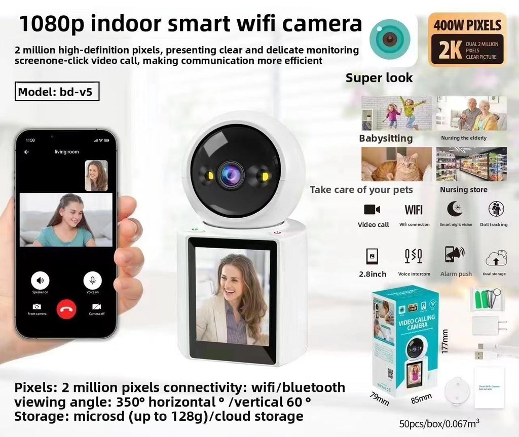 Caméra Intelligente 2MP avec Écran – Appel Vidéo Bidirectionnel, Interphone Visuel WiFi, Compatible iCSee / Super Look