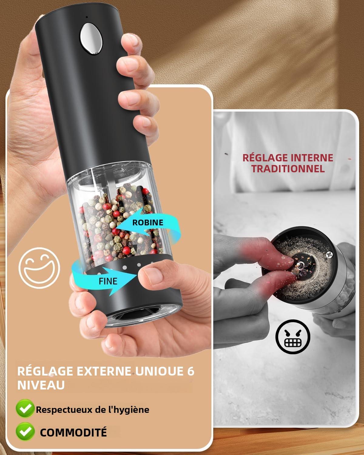 Ensemble de Moulin à Poivre et Sel Électrique Rechargeable Moulin à Épices avec Base, Récipient Transparent Lavable de 95ml, Lumière LED Blanche et Grossièreté Réglable, Noir et Blanc