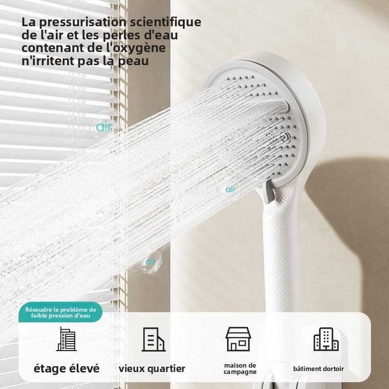 Pommeau de douche haute pression 12 cm avec tuyau argenté 1,5 m et support mural – Jet pluie crémeux, économie d’eau