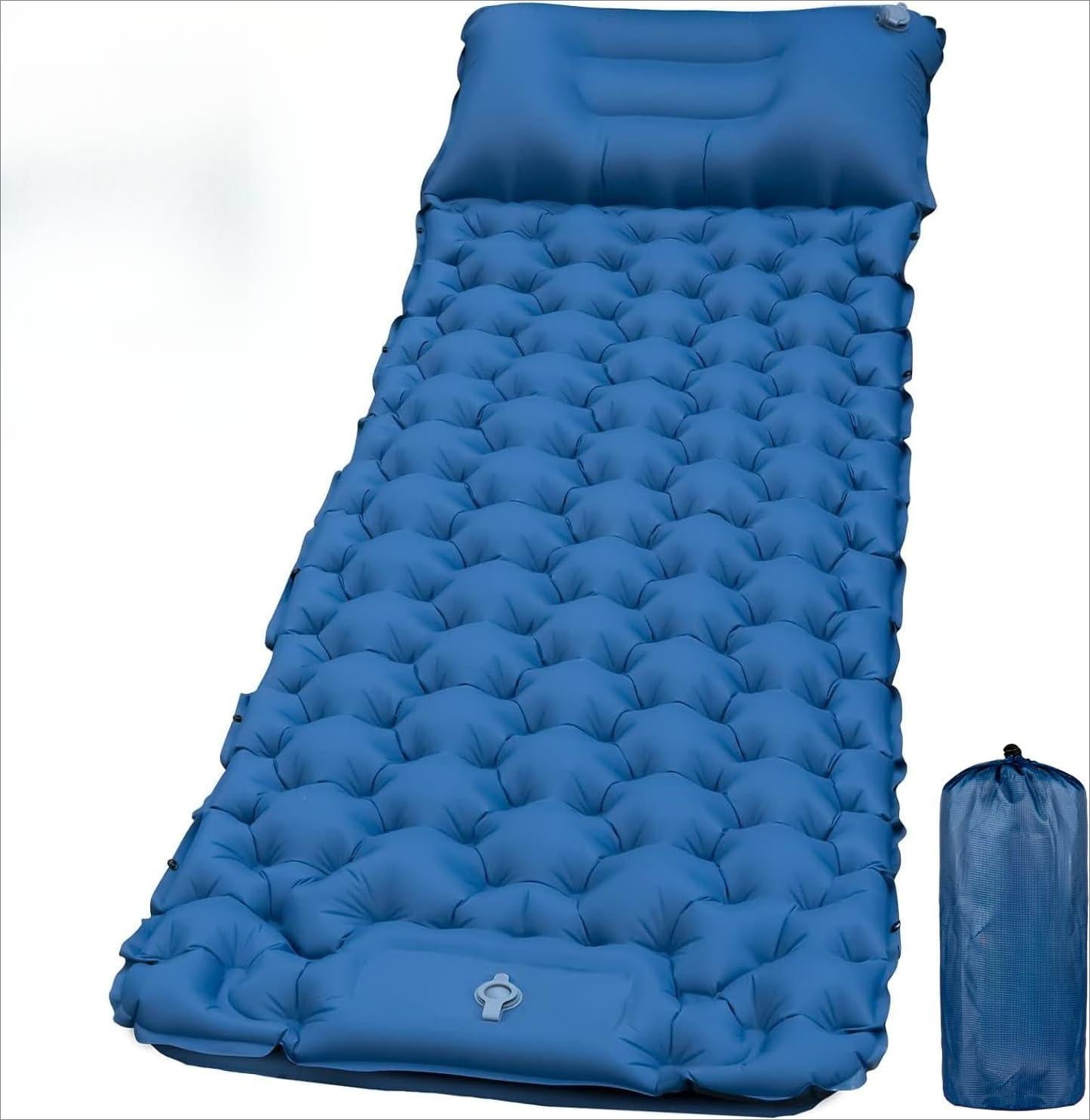 Matelas Camping Portable - Matelas Gonflable 1 Place avec Oreiller & Pompe à Pied Tapis de Couchage Matelas Randonnée Bleu Ultraléger pour Camping, Voyage, Randonnée