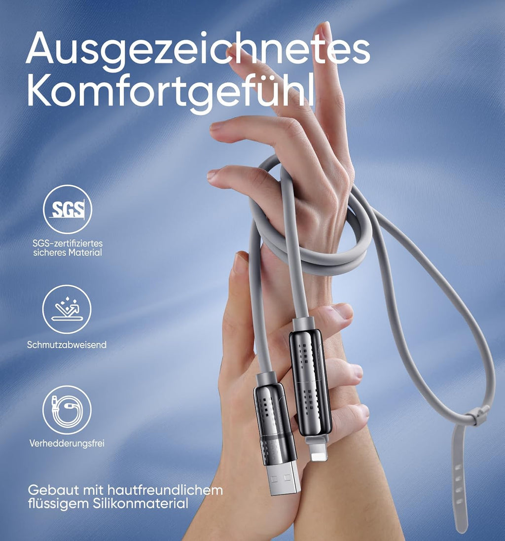 Câble USB C 4 en 1 - 240 W - Câble de charge USB C avec lumière respirante - Charge rapide et synchronisation des données - Câble de charge multiple pour iPhone iPad Samsung ordinateur