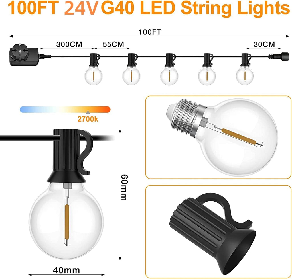 Guirlande Guinguette Extérieur 30M, Guirlande Lumineuse Exterieure avec 50+2 G40 LED Ampoules IP45 Imperméable, Blanc Chaud Chaîne Lumiere Exterieur pour terrasse, mariage, Noël
