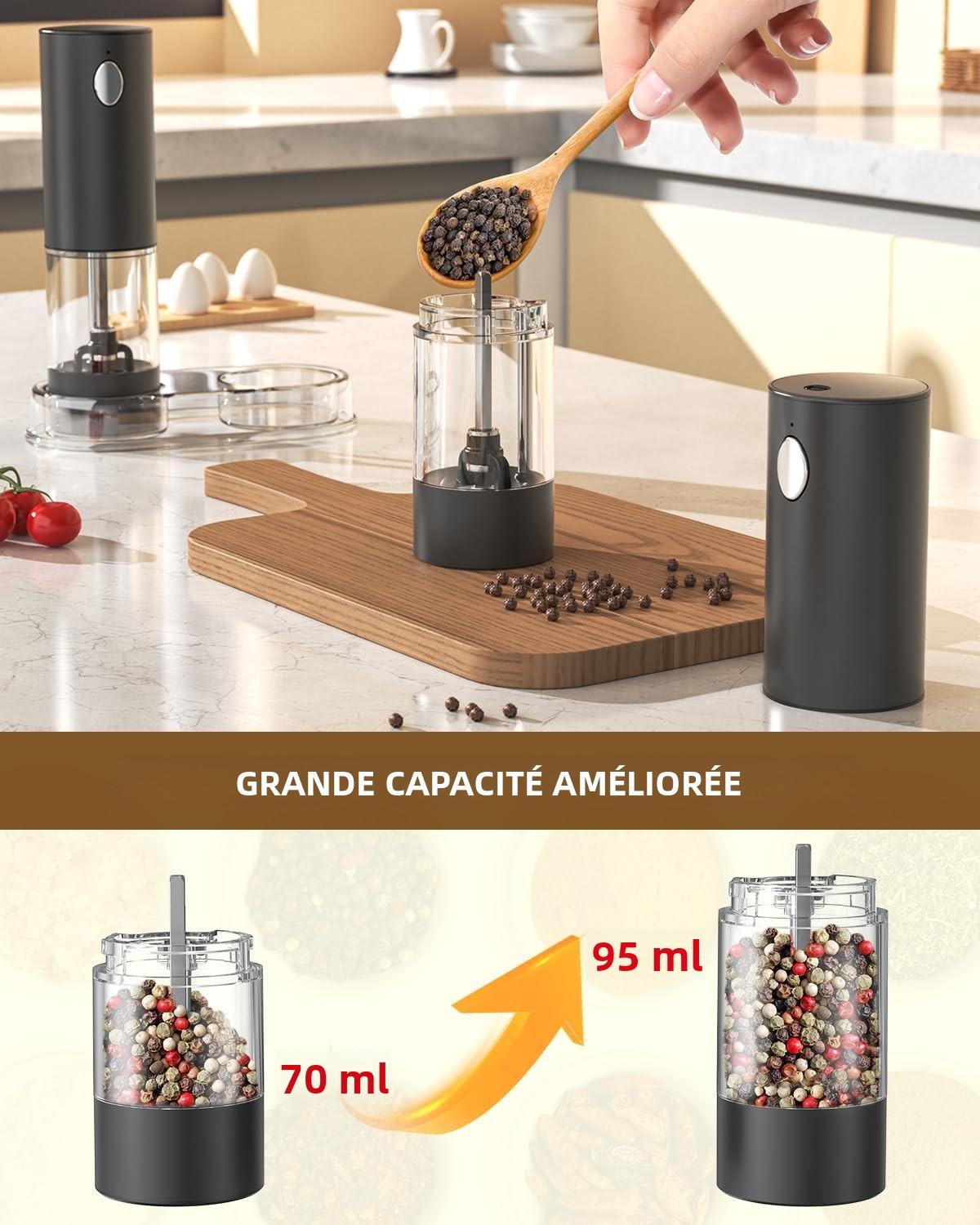 Ensemble de Moulin à Poivre et Sel Électrique Rechargeable Moulin à Épices avec Base, Récipient Transparent Lavable de 95ml, Lumière LED Blanche et Grossièreté Réglable, Noir et Blanc