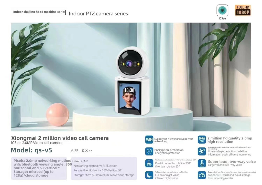 Caméra Intelligente 2MP avec Écran – Appel Vidéo Bidirectionnel, Interphone Visuel WiFi, Compatible iCSee / Super Look