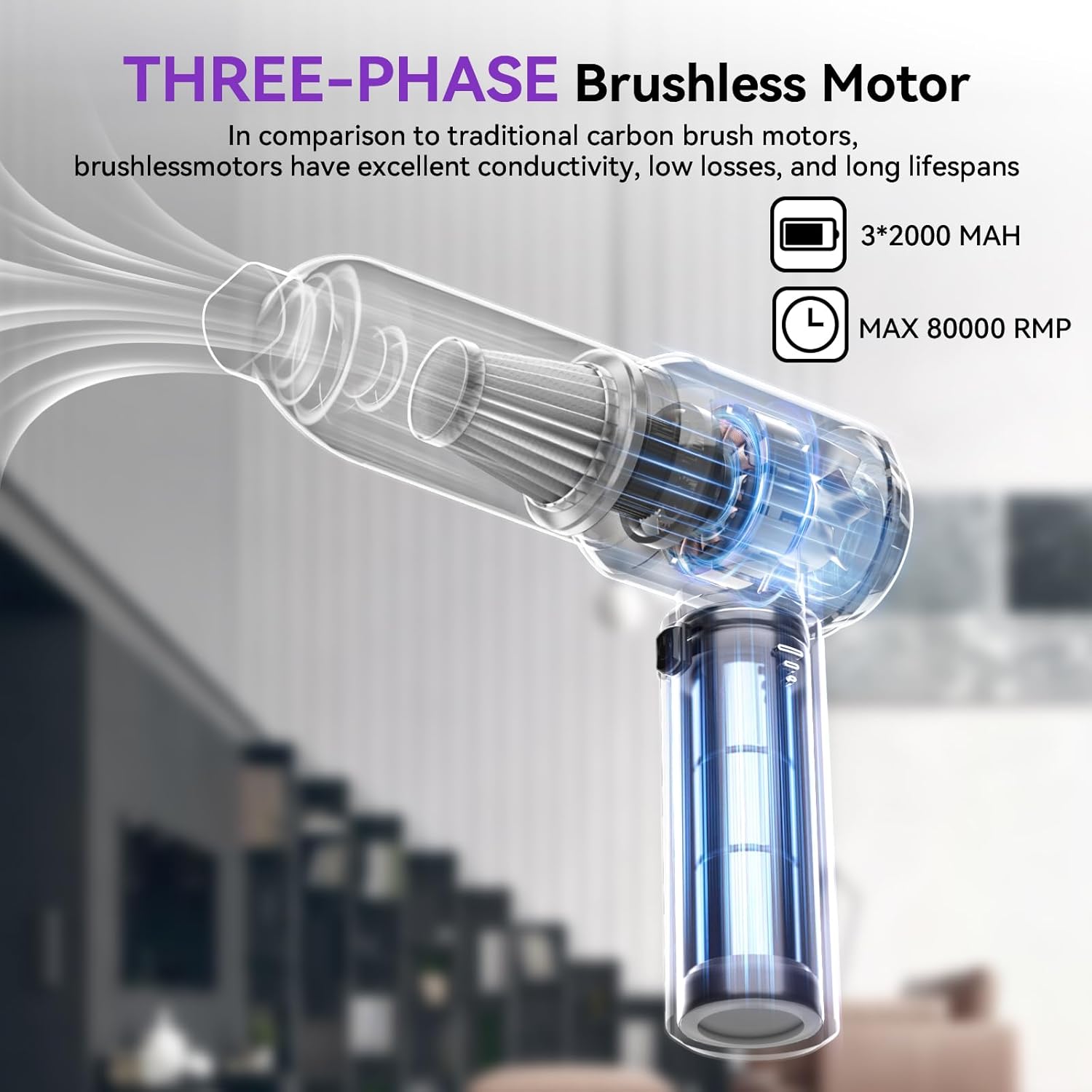 Aspirateur à Main, 18000Pa Mini Aspirateur sans Fil Portable à 3 Vitesses, Multifonctionnel Aspirateur Voiture Puissant sans Fil avec Moteur sans Balais, pour Voiture Animaux Maison Car