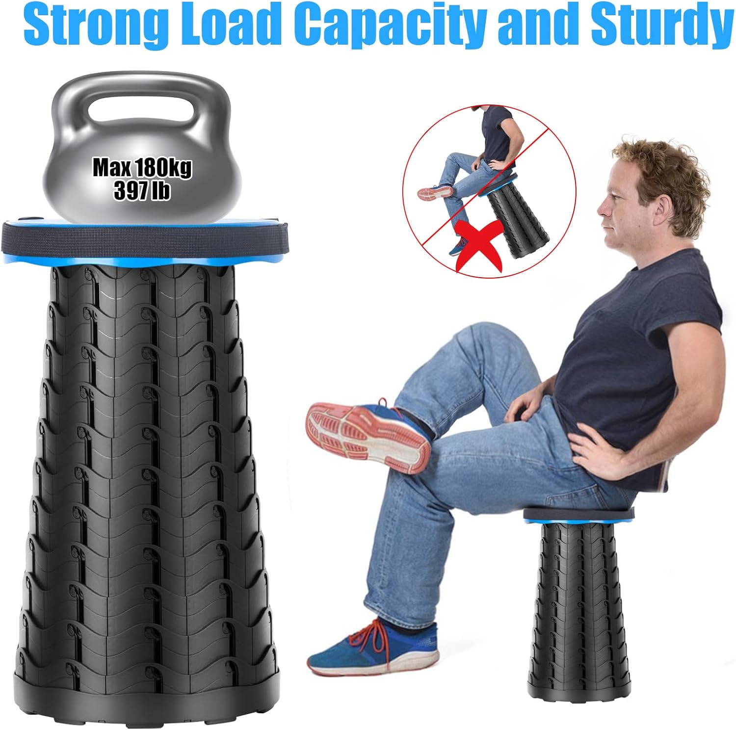 Tabouret Pliant Portable, Tabouret Pliant Camping Réglable en Hauteur 6.5-45cm, Télescopique Chaise Pliable Portable D'extérieur pour BBQ, Pêche, Cuisine, Maxi Charge 180 kg/397 LB