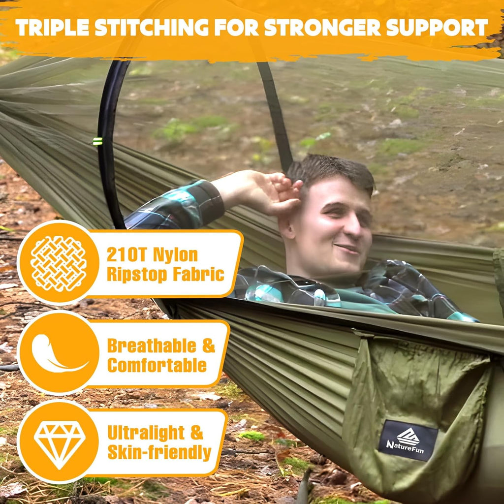 Hamac de camping ultra-léger Hamac en filet anti-moustiques | Capacité de charge de 300 kg, nylon de parachute respirant à séchage rapide | 2 mousquetons haut de gamme, 2 x élingues en nylon