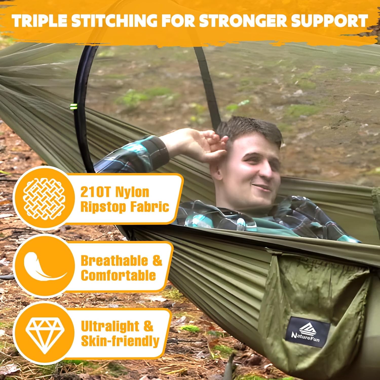 Hamac de camping ultra-léger Hamac en filet anti-moustiques | Capacité de charge de 300 kg, nylon de parachute respirant à séchage rapide | 2 mousquetons haut de gamme, 2 x élingues en nylon