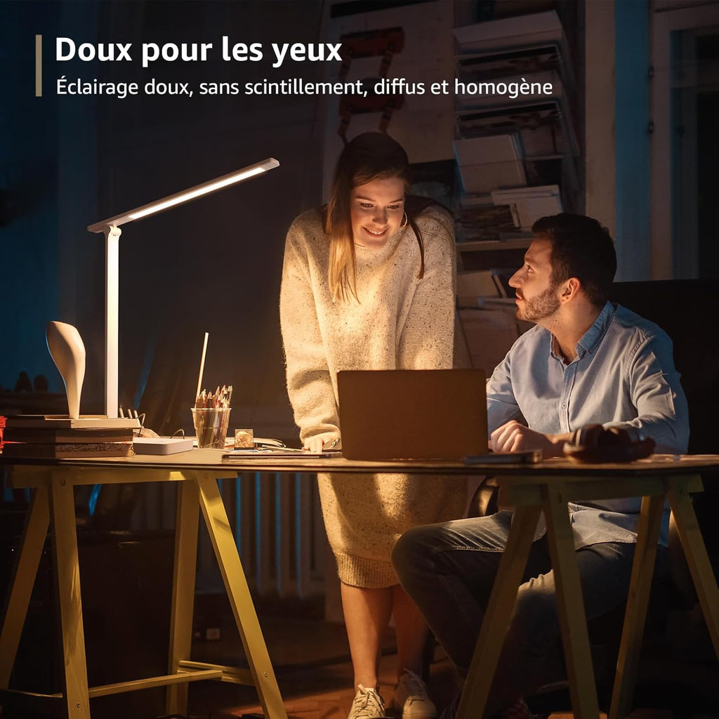 Lampe de Bureau LED 9.2W Lampe Puissante 72LEDs 800LM avec 5 Modes de Couleur et 5 Niveaux de Luminosité, Anti-Éblouissement, Pied Réglable Contrôle Tactile Lecture Pour Lecture Travail - Blanc