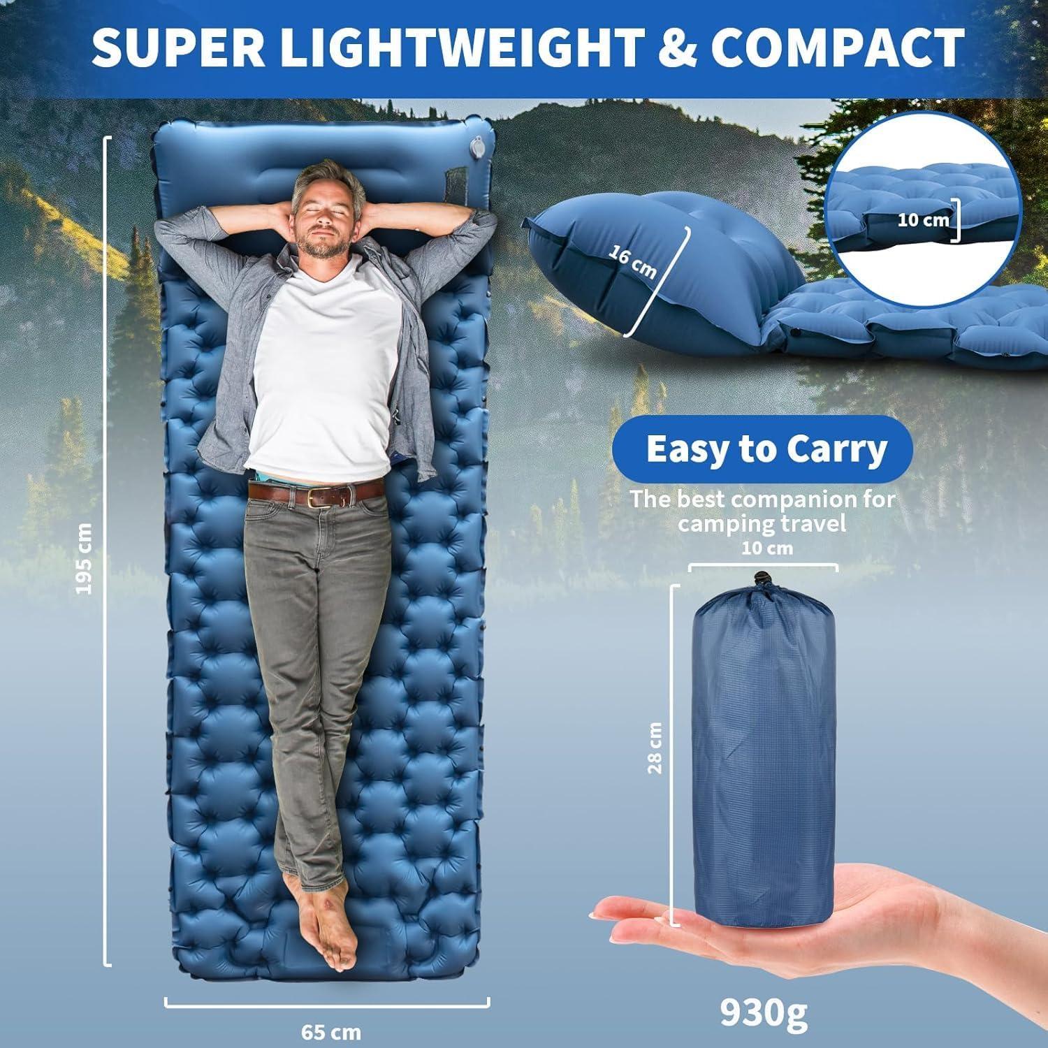 Matelas Camping Portable - Matelas Gonflable 1 Place avec Oreiller & Pompe à Pied Tapis de Couchage Matelas Randonnée Bleu Ultraléger pour Camping, Voyage, Randonnée