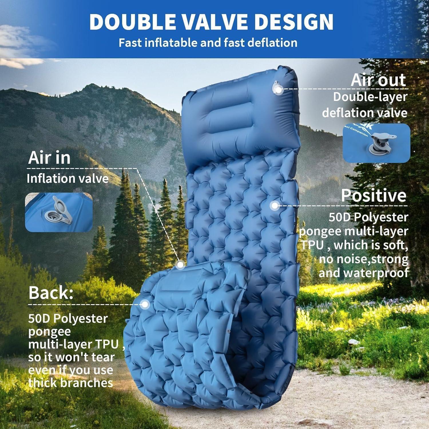 Matelas Camping Portable - Matelas Gonflable 1 Place avec Oreiller & Pompe à Pied Tapis de Couchage Matelas Randonnée Bleu Ultraléger pour Camping, Voyage, Randonnée