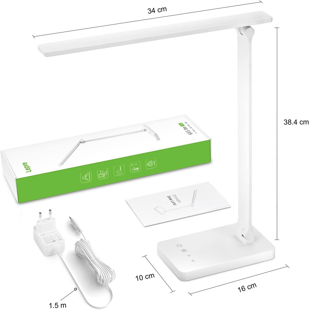 Lampe de Bureau LED 9.2W Lampe Puissante 72LEDs 800LM avec 5 Modes de Couleur et 5 Niveaux de Luminosité, Anti-Éblouissement, Pied Réglable Contrôle Tactile Lecture Pour Lecture Travail - Blanc