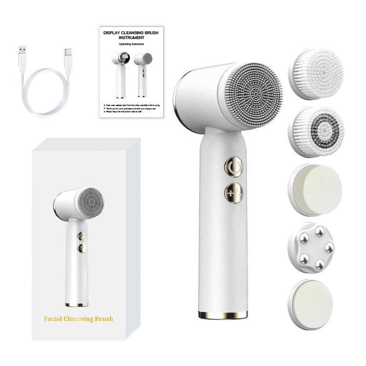 Brosse Nettoyante Visage 5-en-1 – Brosse Électrique Rotative, Rechargeable, Affichage LED, Exfoliation & Massage, Nettoyage Profond, Élimination des Impuretés, Soins de la Peau, Tête Interchangeable, Waterproof, Idéale pour Tous Types de Peau