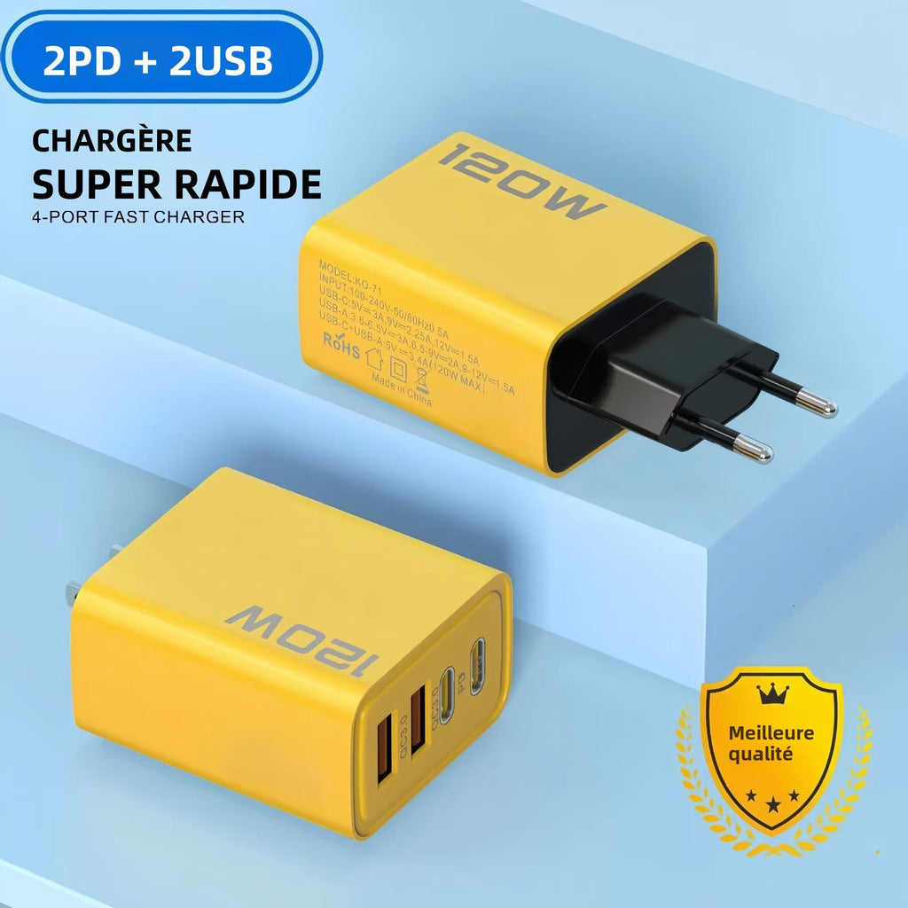 Chargeur Rapide 120W – 4 Ports USB (2 USB-C + 2 USB-A)