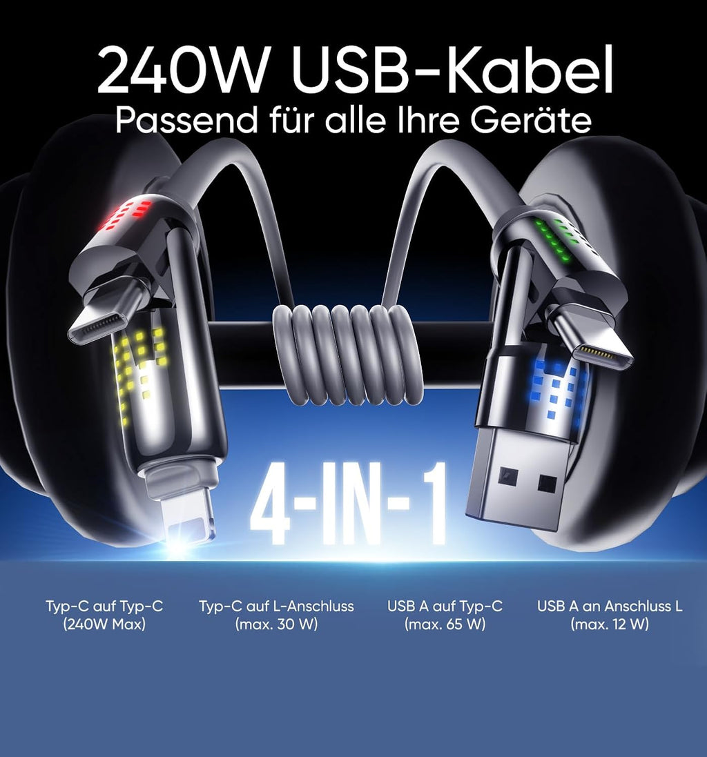 Câble USB C 4 en 1 - 240 W - Câble de charge USB C avec lumière respirante - Charge rapide et synchronisation des données - Câble de charge multiple pour iPhone iPad Samsung ordinateur