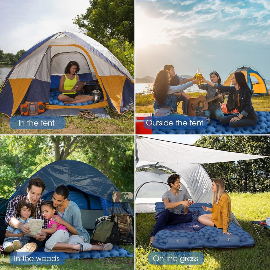 Matelas Camping Portable - Matelas Gonflable 1 Place avec Oreiller & Pompe à Pied Tapis de Couchage Matelas Randonnée Bleu Ultraléger pour Camping, Voyage, Randonnée