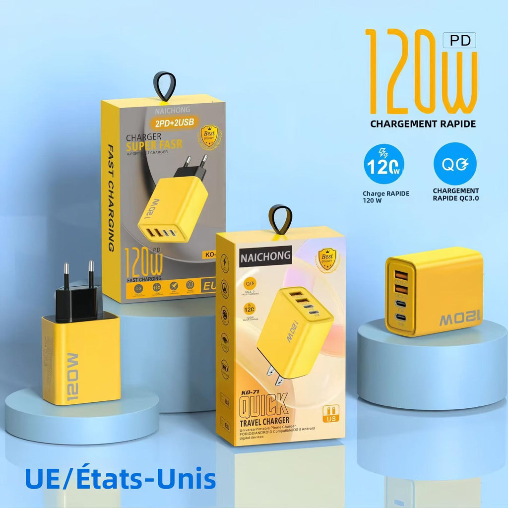 Chargeur Rapide 120W – 4 Ports USB (2 USB-C + 2 USB-A)
