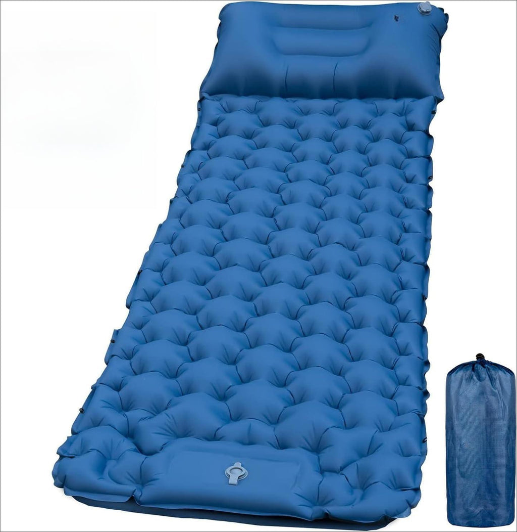 Matelas Camping Portable - Matelas Gonflable 1 Place avec Oreiller & Pompe à Pied Tapis de Couchage Matelas Randonnée Bleu Ultraléger pour Camping, Voyage, Randonnée
