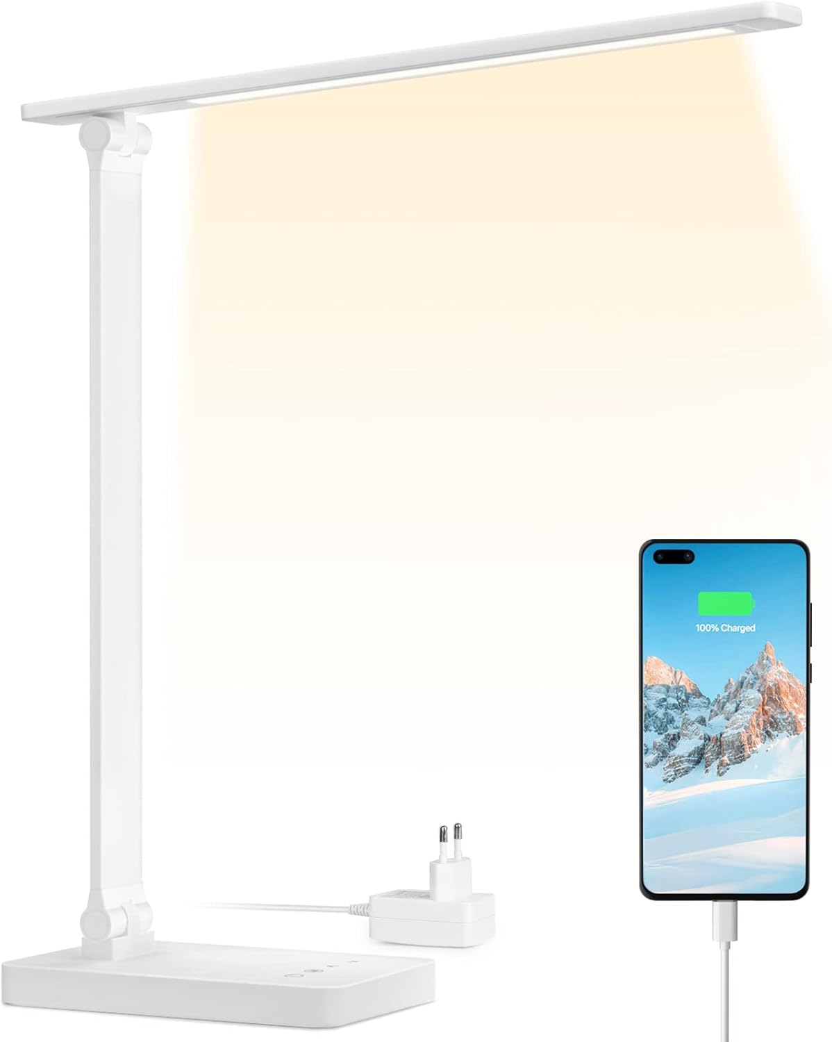 Lampe de Bureau LED 9.2W Lampe Puissante 72LEDs 800LM avec 5 Modes de Couleur et 5 Niveaux de Luminosité, Anti-Éblouissement, Pied Réglable Contrôle Tactile Lecture Pour Lecture Travail - Blanc