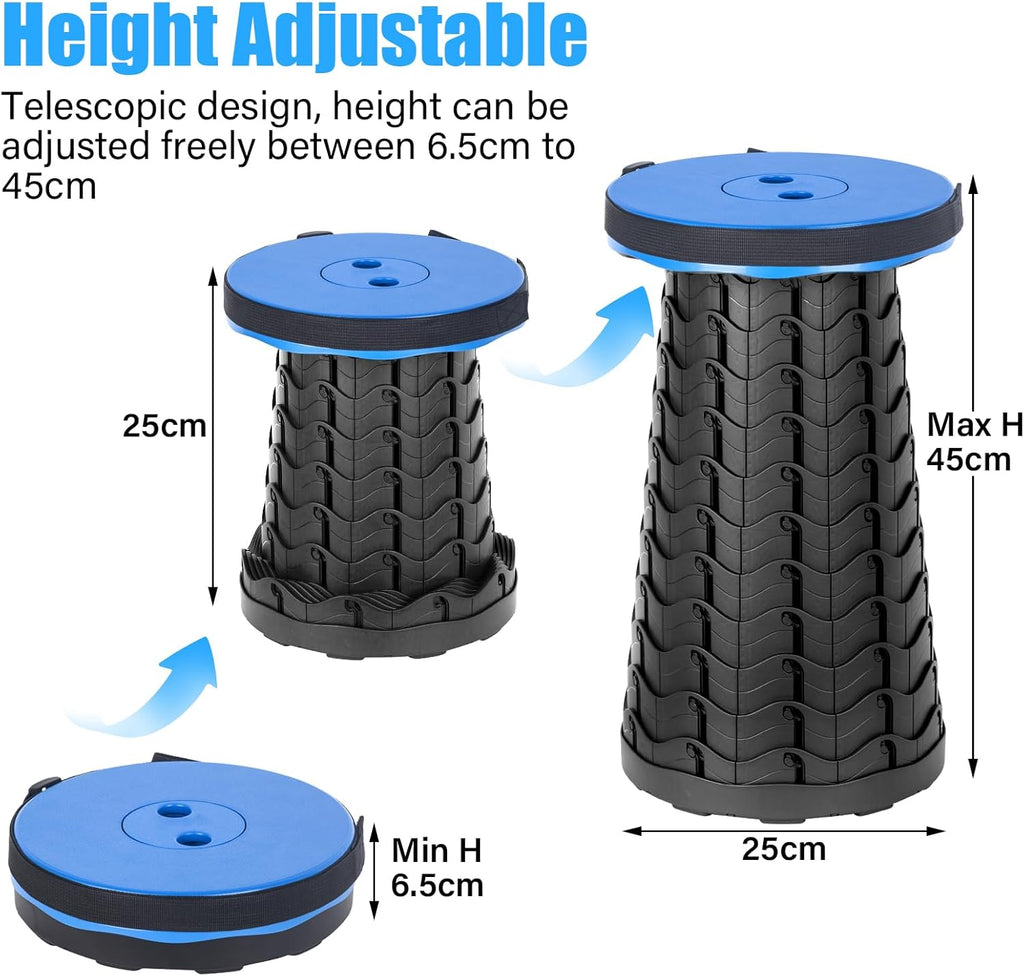 Tabouret Pliant Portable, Tabouret Pliant Camping Réglable en Hauteur 6.5-45cm, Télescopique Chaise Pliable Portable D'extérieur pour BBQ, Pêche, Cuisine, Maxi Charge 180 kg/397 LB