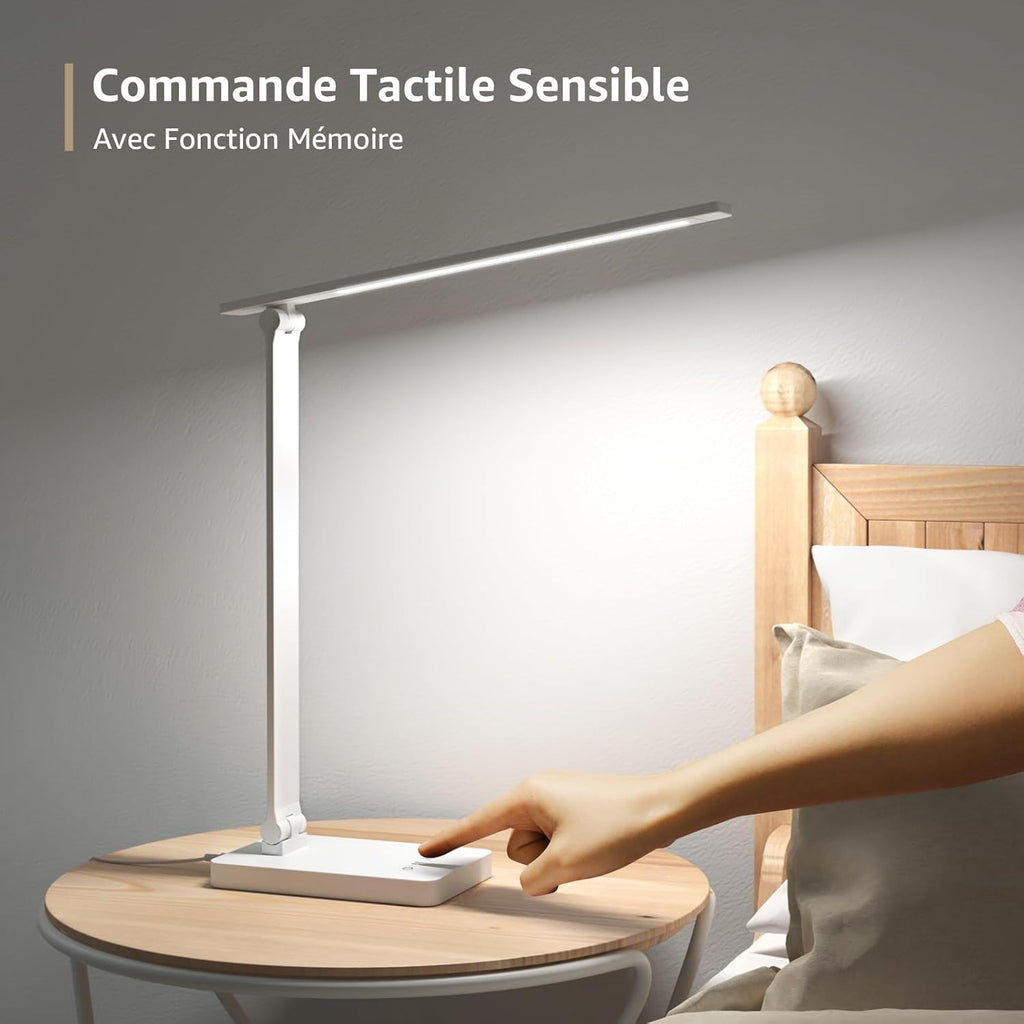 Lampe de Bureau LED 9.2W Lampe Puissante 72LEDs 800LM avec 5 Modes de Couleur et 5 Niveaux de Luminosité, Anti-Éblouissement, Pied Réglable Contrôle Tactile Lecture Pour Lecture Travail - Blanc