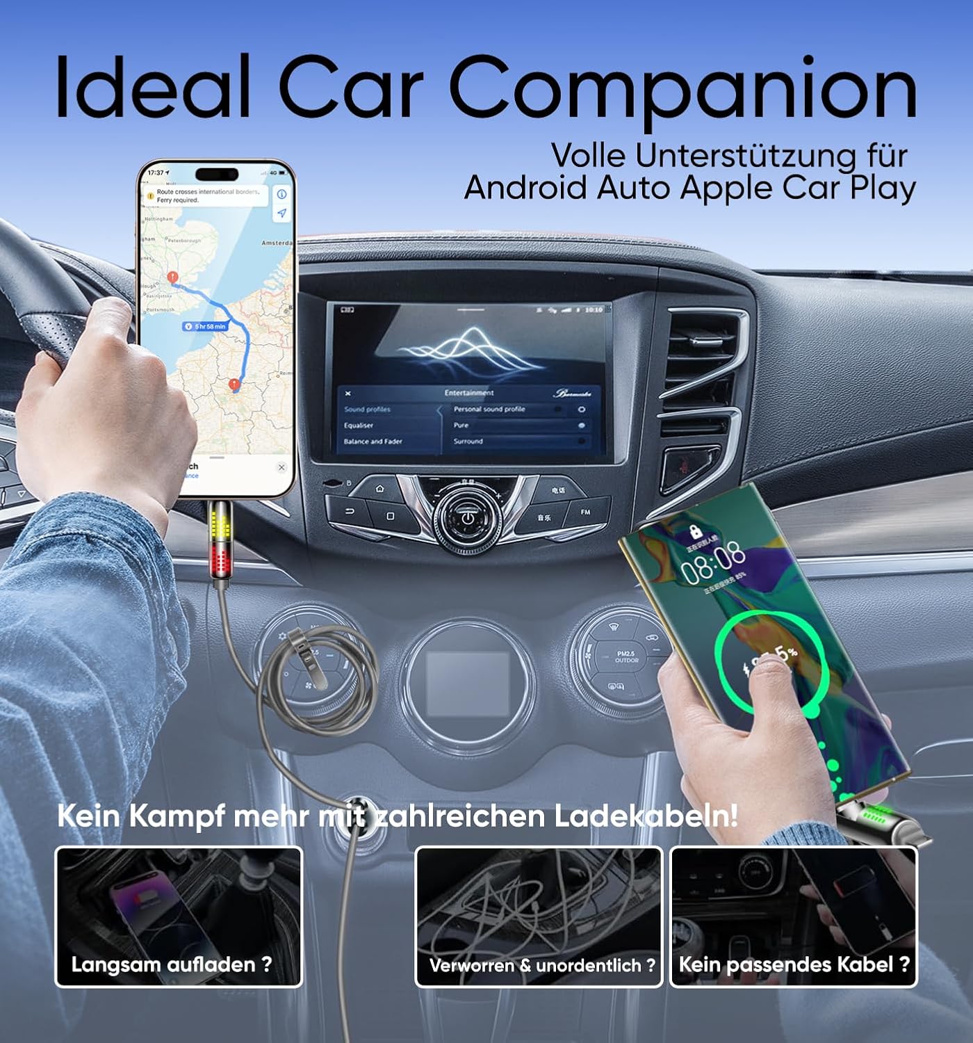 Câble USB C 4 en 1 - 240 W - Câble de charge USB C avec lumière respirante - Charge rapide et synchronisation des données - Câble de charge multiple pour iPhone iPad Samsung ordinateur