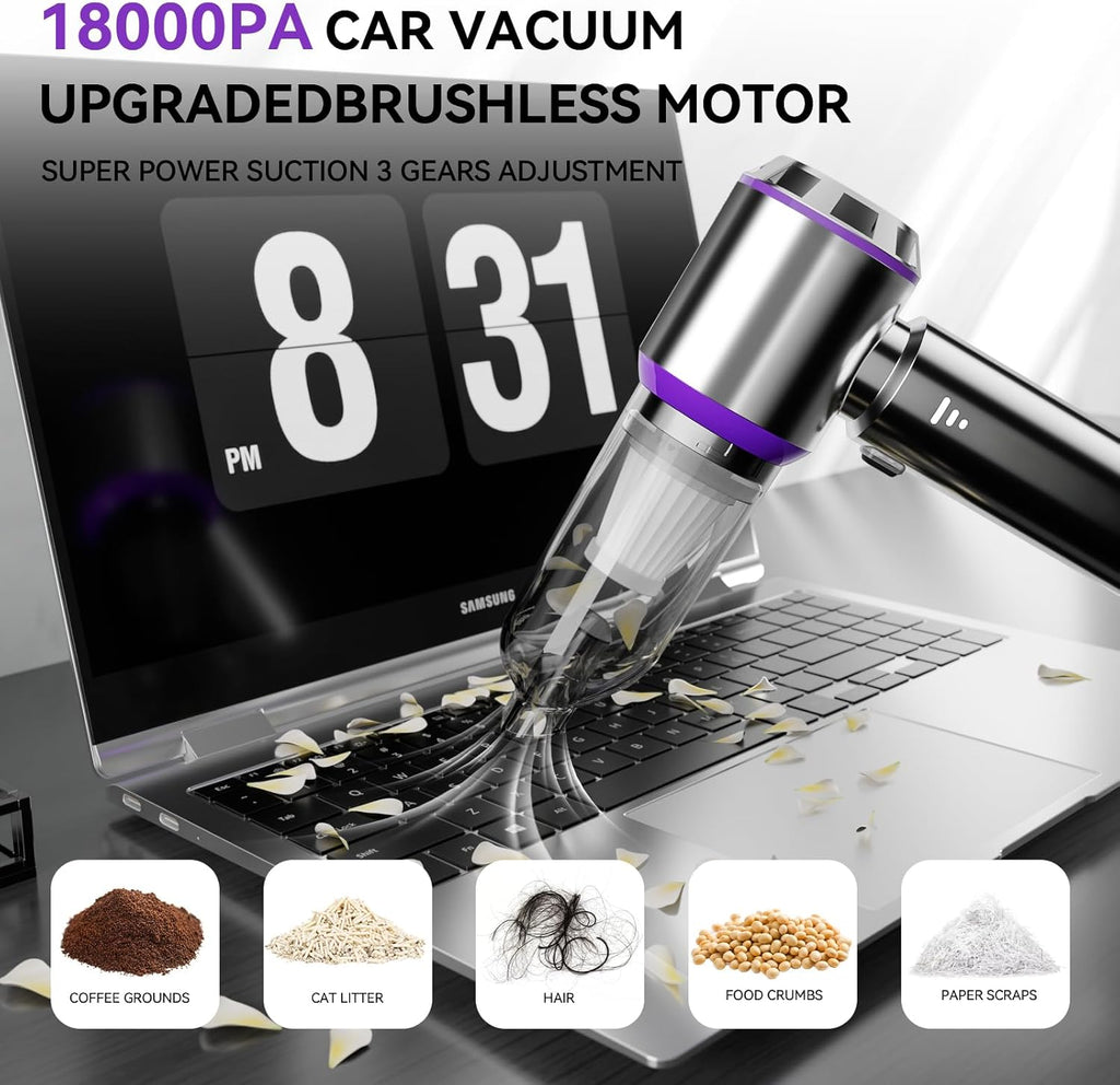 Aspirateur à Main, 18000Pa Mini Aspirateur sans Fil Portable à 3 Vitesses, Multifonctionnel Aspirateur Voiture Puissant sans Fil avec Moteur sans Balais, pour Voiture Animaux Maison Car