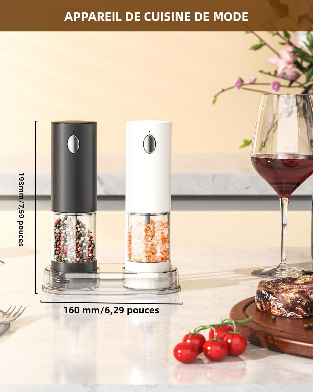 Ensemble de Moulin à Poivre et Sel Électrique Rechargeable Moulin à Épices avec Base, Récipient Transparent Lavable de 95ml, Lumière LED Blanche et Grossièreté Réglable, Noir et Blanc