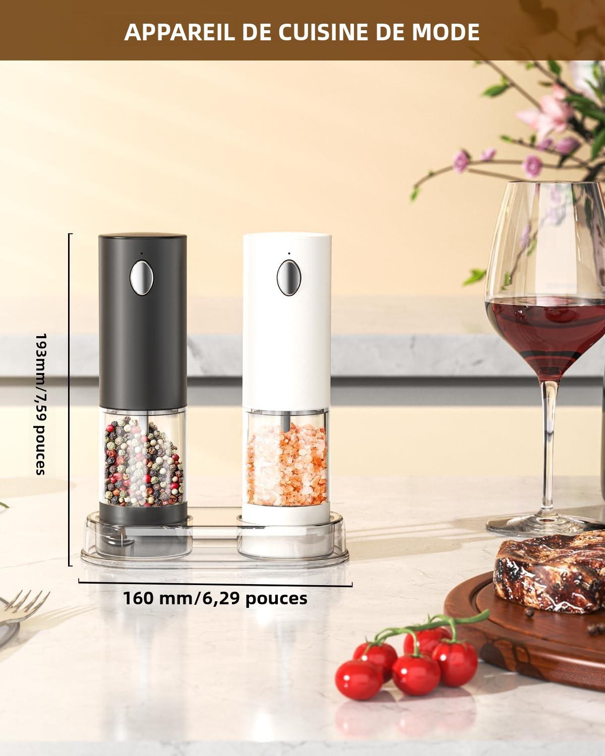 Ensemble de Moulin à Poivre et Sel Électrique Rechargeable Moulin à Épices avec Base, Récipient Transparent Lavable de 95ml, Lumière LED Blanche et Grossièreté Réglable, Noir et Blanc