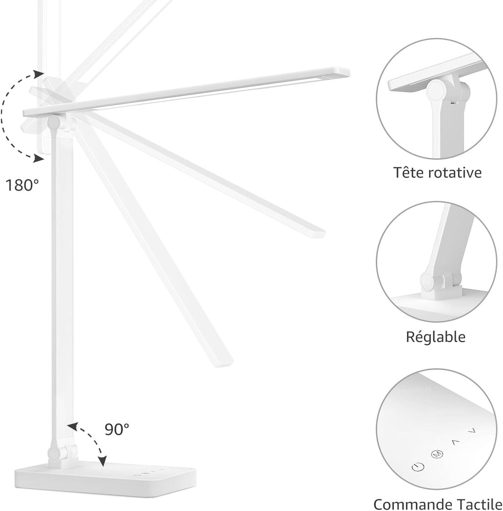 Lampe de Bureau LED 9.2W Lampe Puissante 72LEDs 800LM avec 5 Modes de Couleur et 5 Niveaux de Luminosité, Anti-Éblouissement, Pied Réglable Contrôle Tactile Lecture Pour Lecture Travail - Blanc