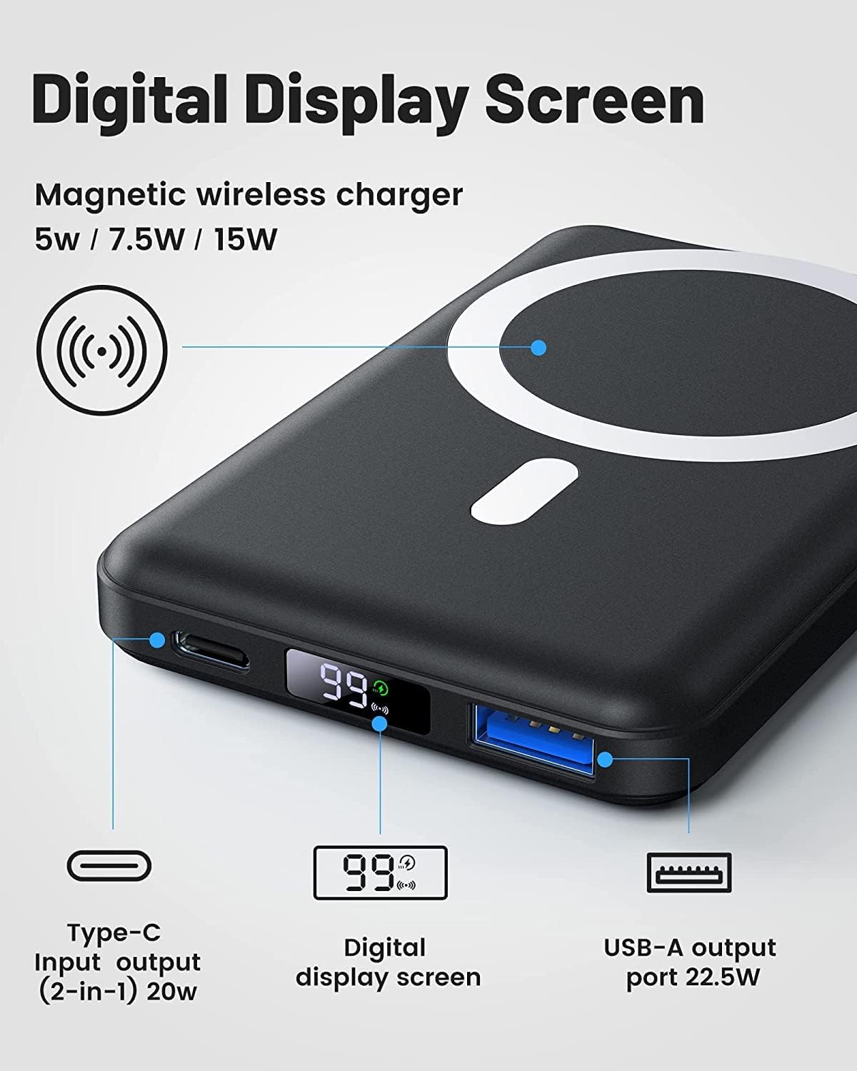 MAGNETIC WIRELESS BATTERY PACK – 10,000MAH POWER BANK WITH DIGITAL DISPLAY