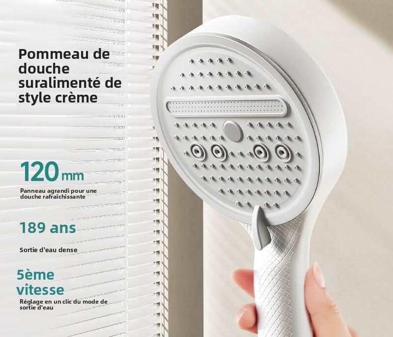 Pommeau de douche haute pression 12 cm avec tuyau argenté 1,5 m et support mural – Jet pluie crémeux, économie d’eau