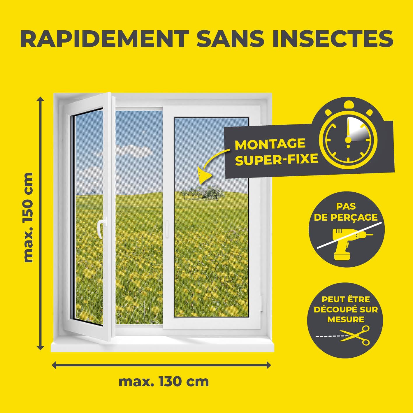 Moustiquaire de fenêtre avec Magic Click | Peut être découpée individuellement pour toutes les fenêtres jusqu'à 150 x 130 cm | Montage avec 12 aimants - pas de perçage ni de vissage [Noir]