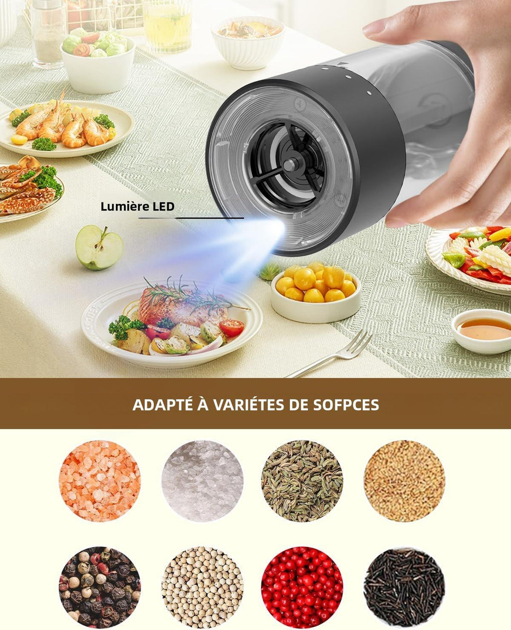 Ensemble de Moulin à Poivre et Sel Électrique Rechargeable Moulin à Épices avec Base, Récipient Transparent Lavable de 95ml, Lumière LED Blanche et Grossièreté Réglable, Noir et Blanc