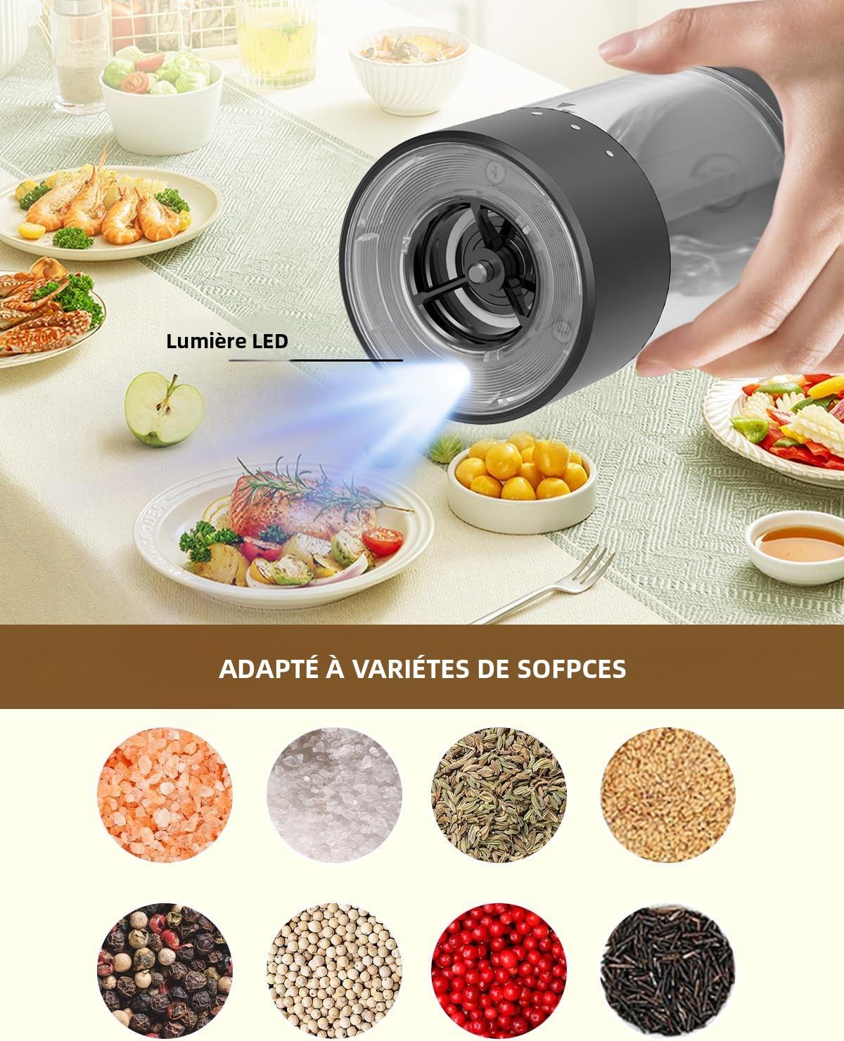 Ensemble de Moulin à Poivre et Sel Électrique Rechargeable Moulin à Épices avec Base, Récipient Transparent Lavable de 95ml, Lumière LED Blanche et Grossièreté Réglable, Noir et Blanc