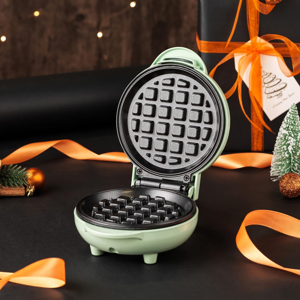 Mini Gaufrier Rond, Machine à Gaufres Électrique Antiadhésif 550W, Plaque de 11.5 cm, Design Compact avec Voyants Lumineux, Gaufrier Vert Pastel, Idéal pour Petit-Déjeuner et Goûter Familial