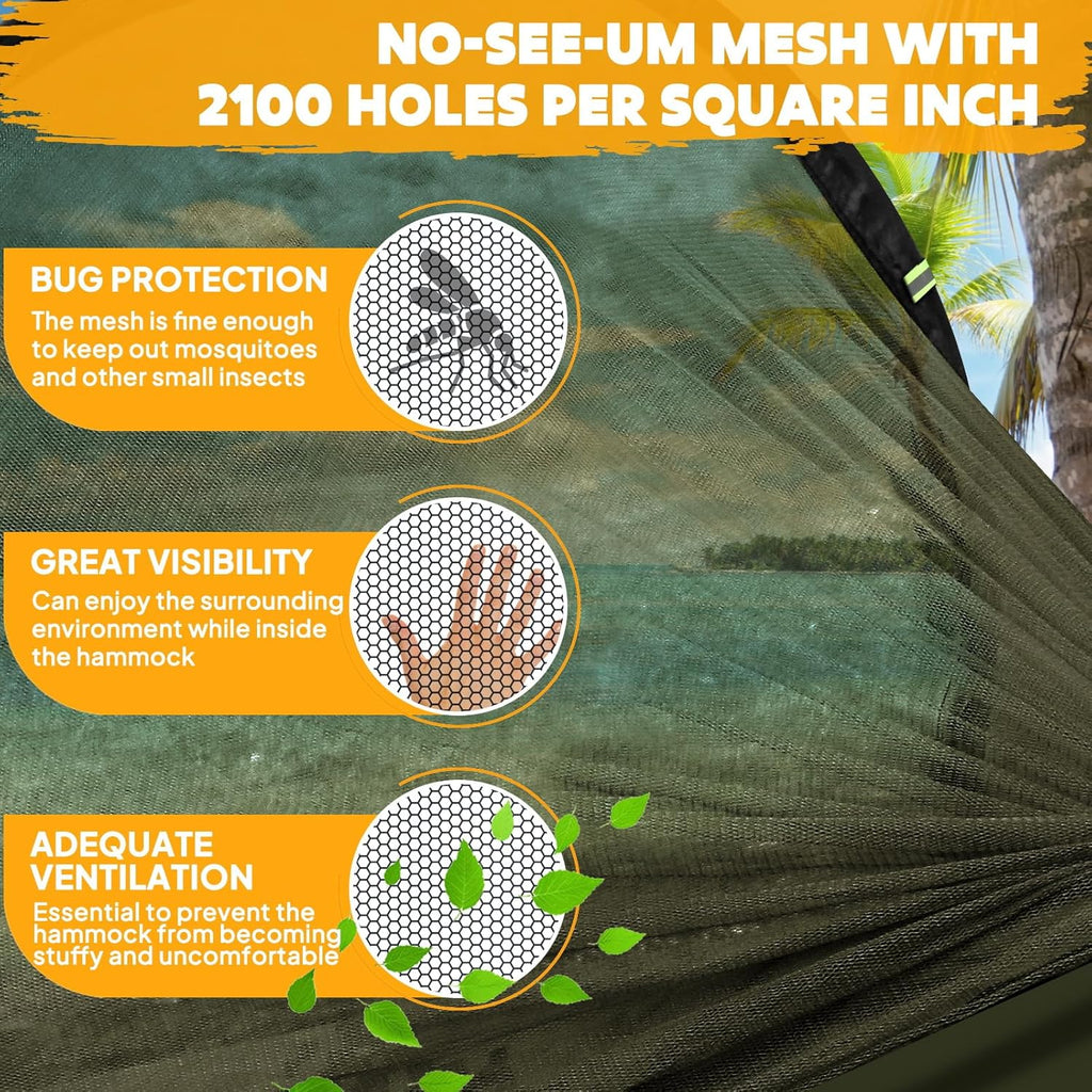 Hamac de camping ultra-léger Hamac en filet anti-moustiques | Capacité de charge de 300 kg, nylon de parachute respirant à séchage rapide | 2 mousquetons haut de gamme, 2 x élingues en nylon