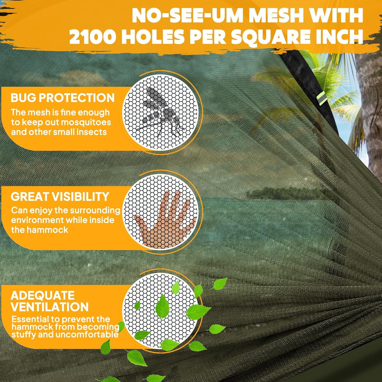 Hamac de camping ultra-léger Hamac en filet anti-moustiques | Capacité de charge de 300 kg, nylon de parachute respirant à séchage rapide | 2 mousquetons haut de gamme, 2 x élingues en nylon