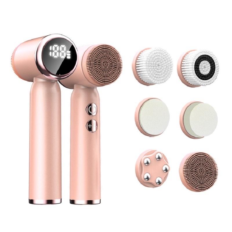 Brosse Nettoyante Visage 5-en-1 – Brosse Électrique Rotative, Rechargeable, Affichage LED, Exfoliation & Massage, Nettoyage Profond, Élimination des Impuretés, Soins de la Peau, Tête Interchangeable, Waterproof, Idéale pour Tous Types de Peau