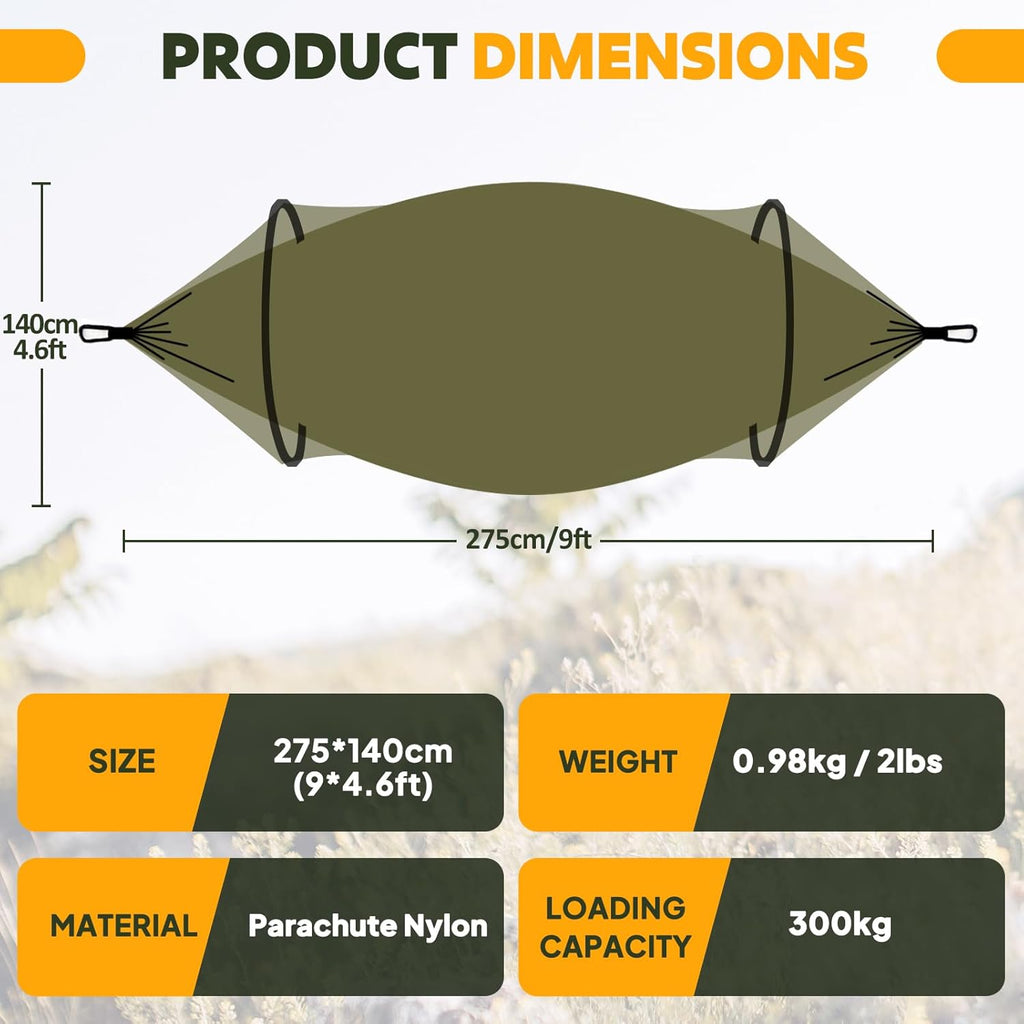 Hamac de camping ultra-léger Hamac en filet anti-moustiques | Capacité de charge de 300 kg, nylon de parachute respirant à séchage rapide | 2 mousquetons haut de gamme, 2 x élingues en nylon