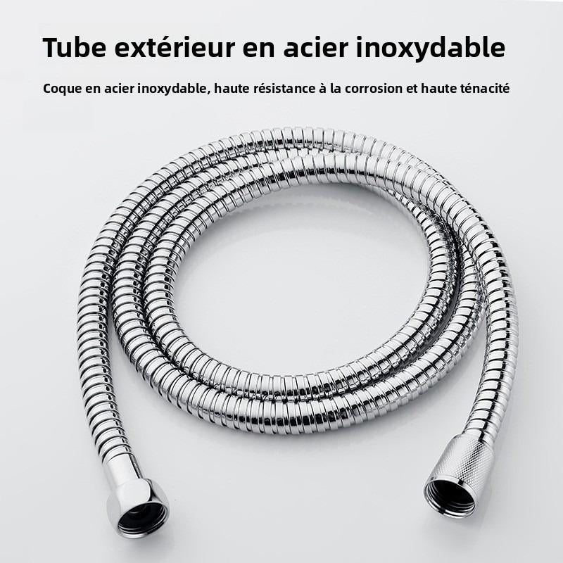 Pommeau de douche haute pression 12 cm avec tuyau argenté 1,5 m et support mural – Jet pluie crémeux, économie d’eau