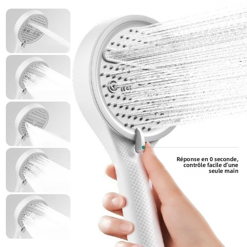 Pommeau de douche haute pression 12 cm avec tuyau argenté 1,5 m et support mural – Jet pluie crémeux, économie d’eau