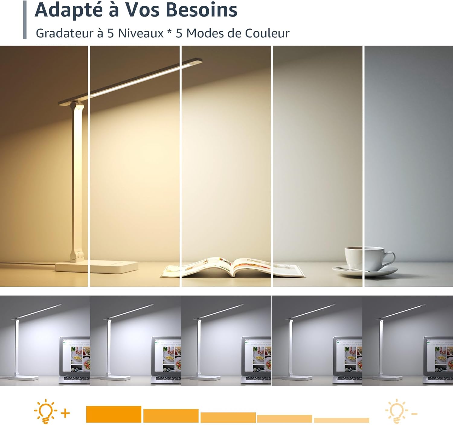 Lampe de Bureau LED 9.2W Lampe Puissante 72LEDs 800LM avec 5 Modes de Couleur et 5 Niveaux de Luminosité, Anti-Éblouissement, Pied Réglable Contrôle Tactile Lecture Pour Lecture Travail - Blanc