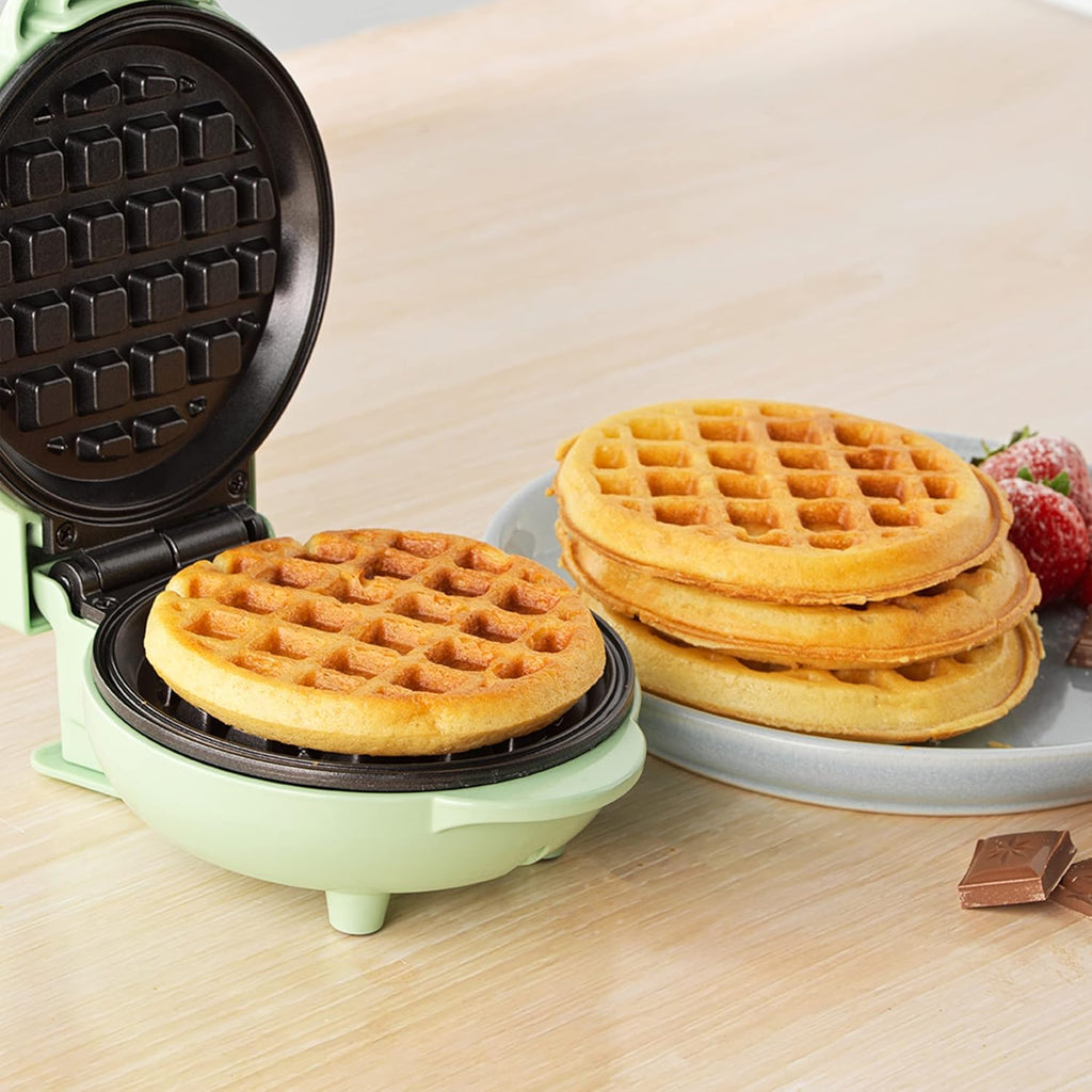 Mini Gaufrier Rond, Machine à Gaufres Électrique Antiadhésif 550W, Plaque de 11.5 cm, Design Compact avec Voyants Lumineux, Gaufrier Vert Pastel, Idéal pour Petit-Déjeuner et Goûter Familial