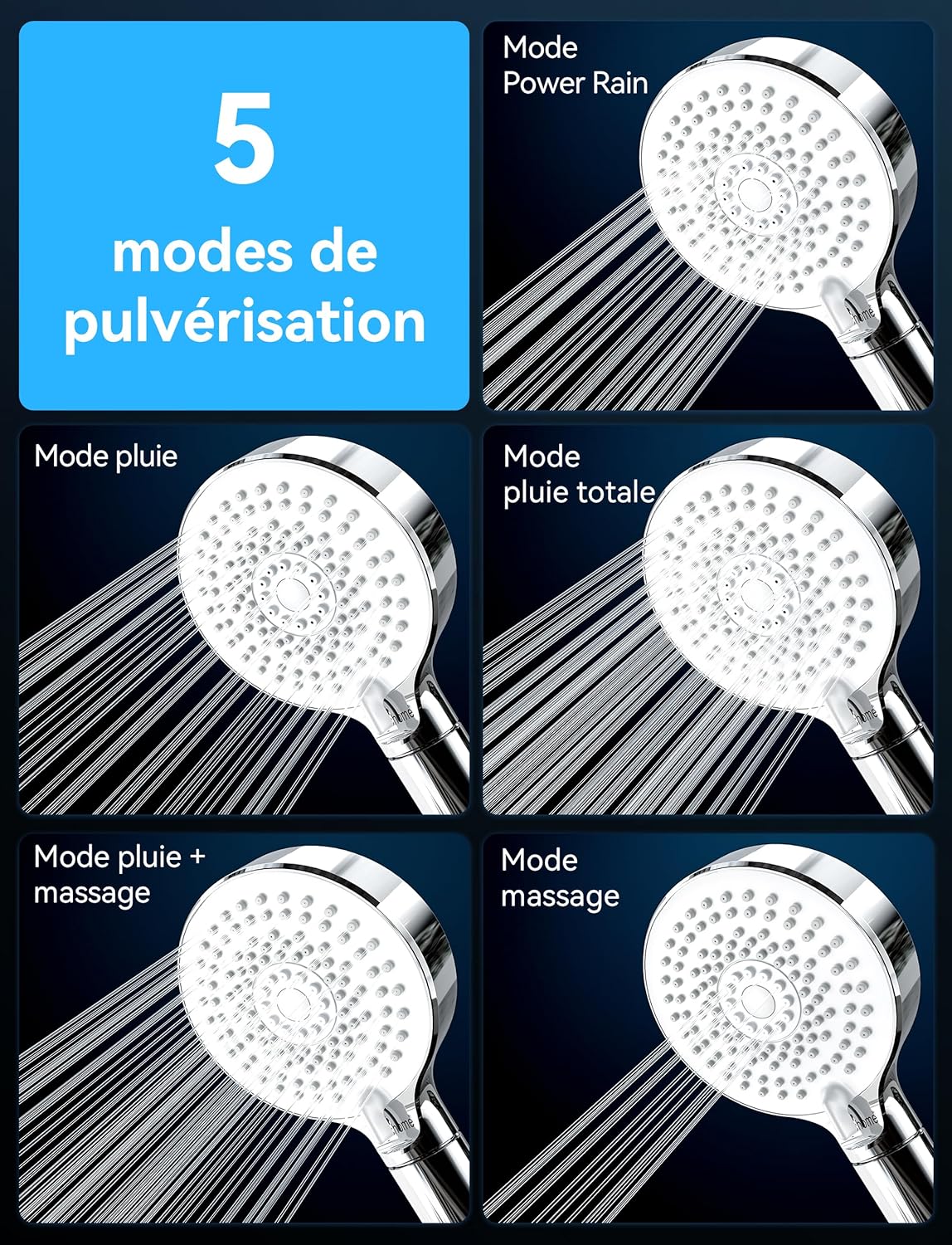 Pommeau de douche filtrante, 20 étapes, pommeau de douche haute pression avec 5 modes, pommeau de douche universel à filtre à eau dure pour éliminer le chlore résiduel