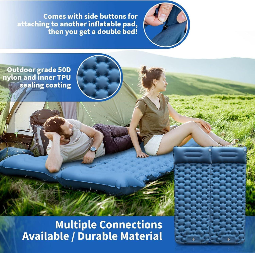 Matelas Camping Portable - Matelas Gonflable 1 Place avec Oreiller & Pompe à Pied Tapis de Couchage Matelas Randonnée Bleu Ultraléger pour Camping, Voyage, Randonnée