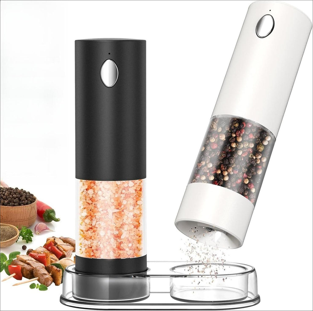 Ensemble de Moulin à Poivre et Sel Électrique Rechargeable Moulin à Épices avec Base, Récipient Transparent Lavable de 95ml, Lumière LED Blanche et Grossièreté Réglable, Noir et Blanc