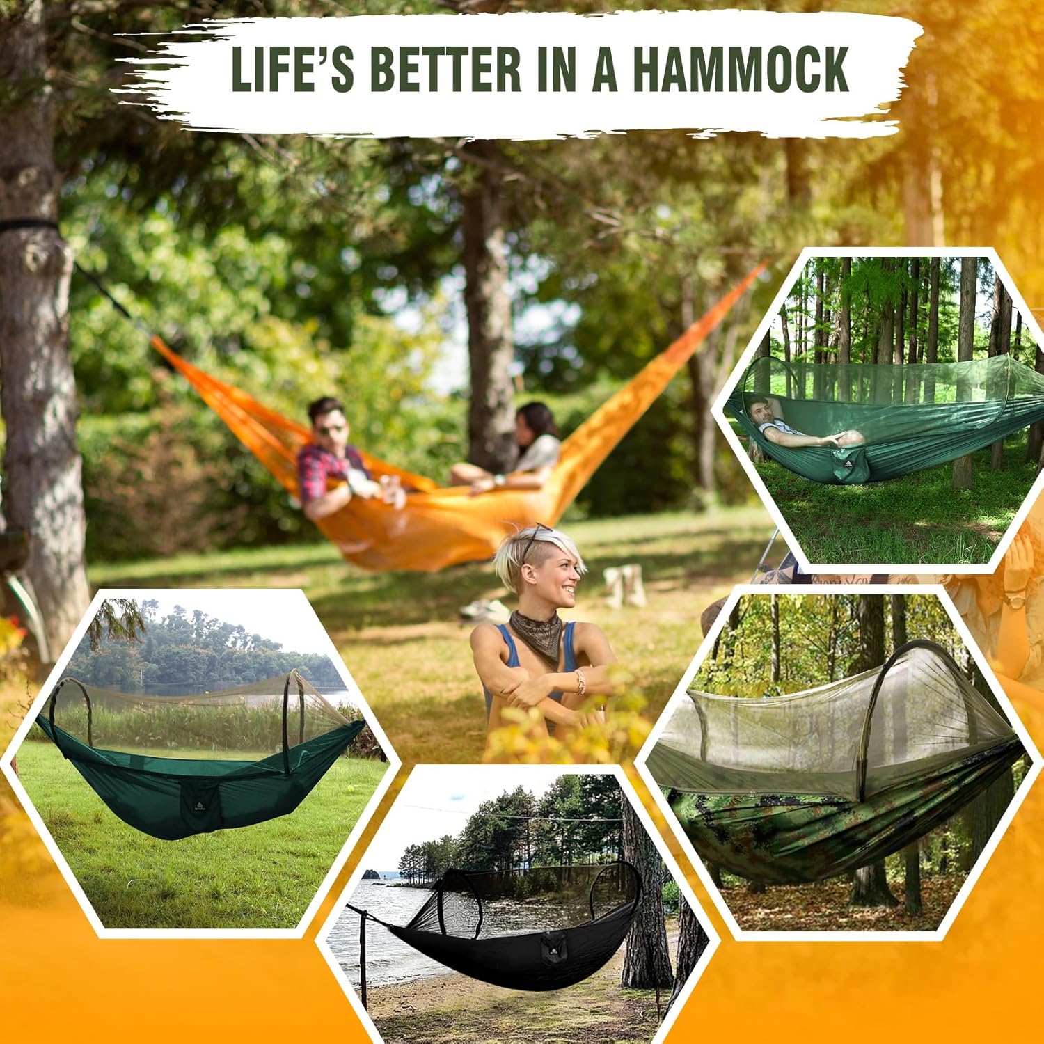 Hamac de camping ultra-léger Hamac en filet anti-moustiques | Capacité de charge de 300 kg, nylon de parachute respirant à séchage rapide | 2 mousquetons haut de gamme, 2 x élingues en nylon