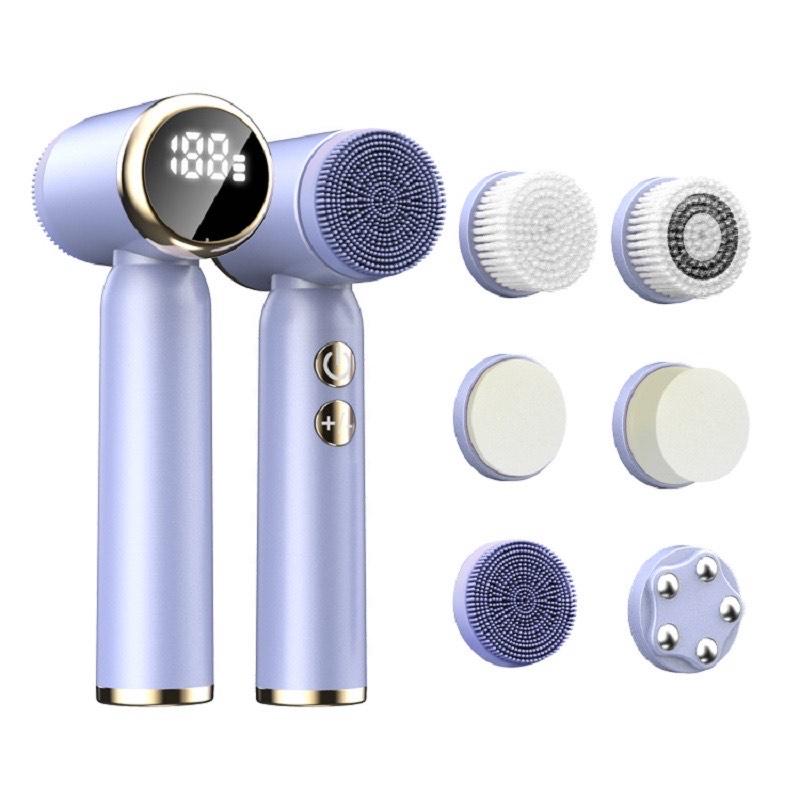 Brosse Nettoyante Visage 5-en-1 – Brosse Électrique Rotative, Rechargeable, Affichage LED, Exfoliation & Massage, Nettoyage Profond, Élimination des Impuretés, Soins de la Peau, Tête Interchangeable, Waterproof, Idéale pour Tous Types de Peau